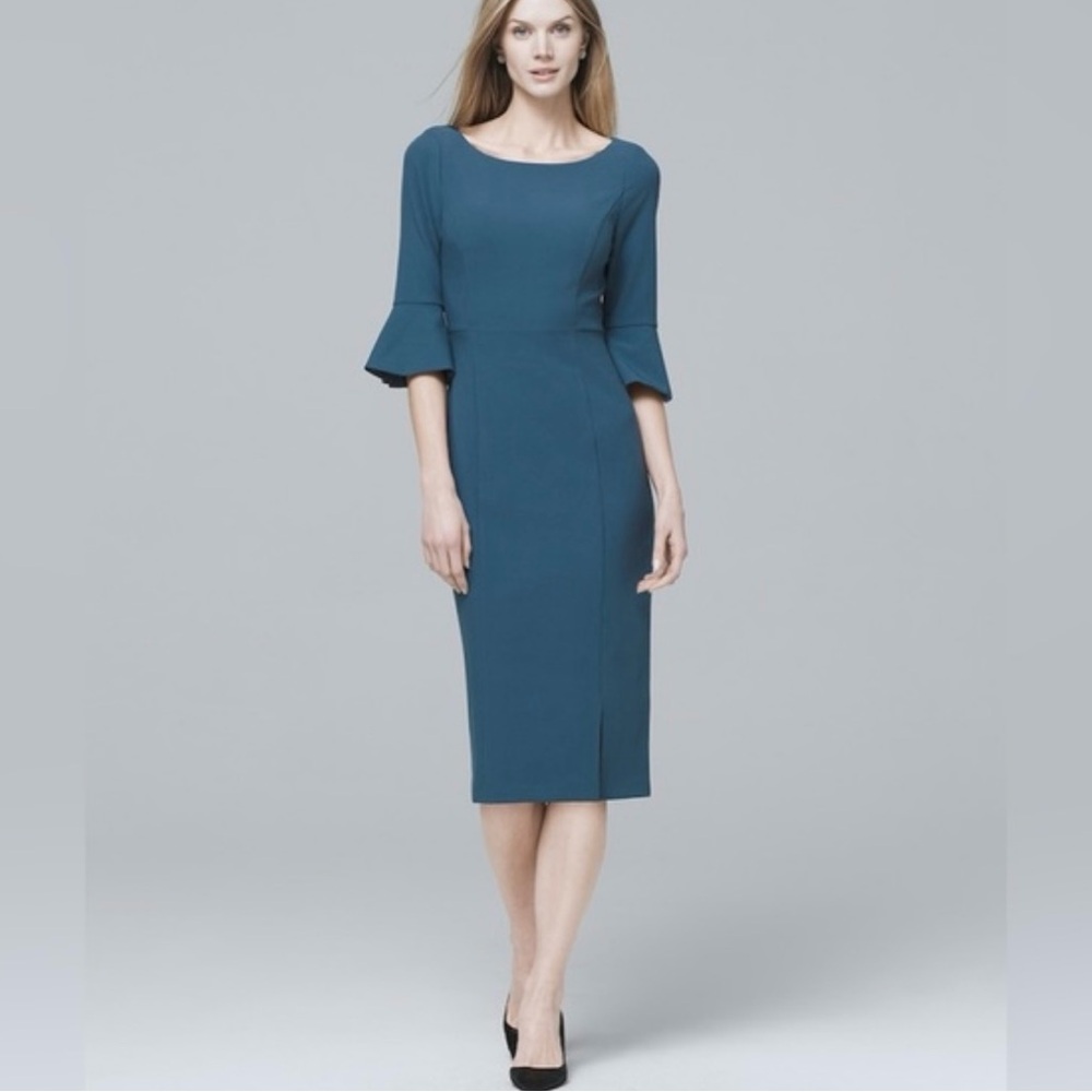 White House Black Market Blue Sheath Dress with Bell Sleeves